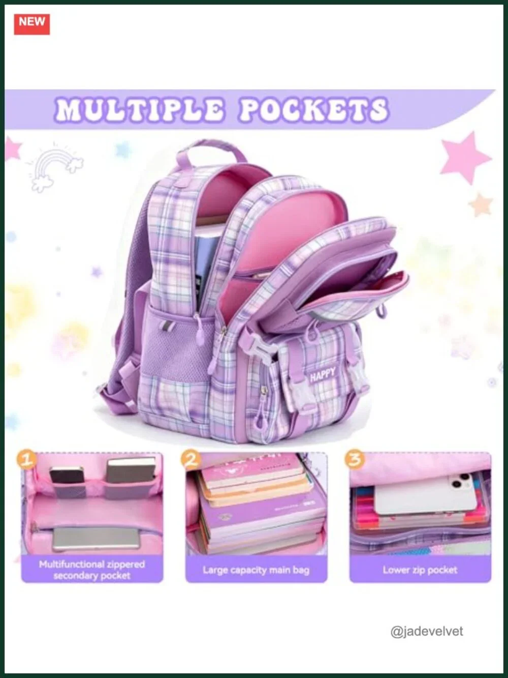 Large Capacity Plaid Backpack with Reflective Strips for School Teens